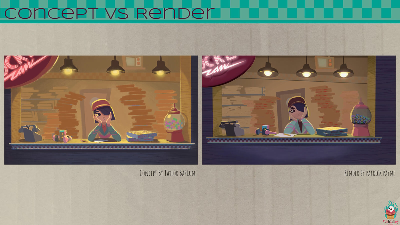 A "concept vs render" sheet, showing a scene from the film's conceptual stage against the final product.