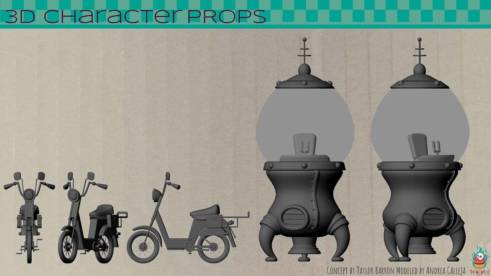 3D renders of character props, including a motor scooter and a rocket ship.