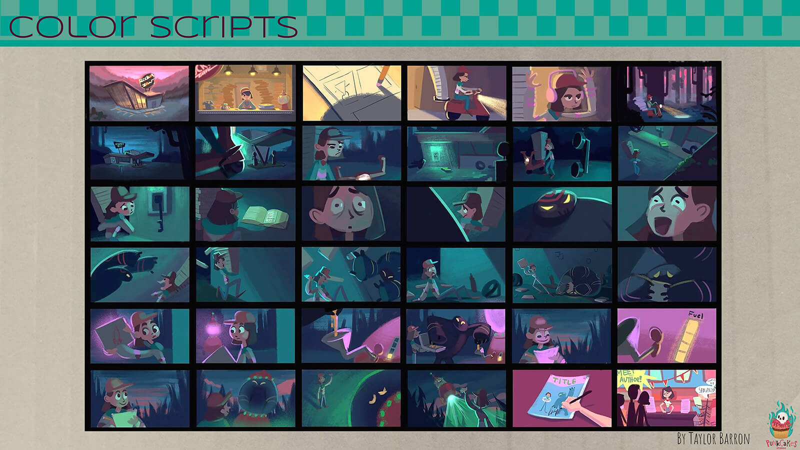 A "color script" for the film, showing the color palette over the course of the film's major scenes.