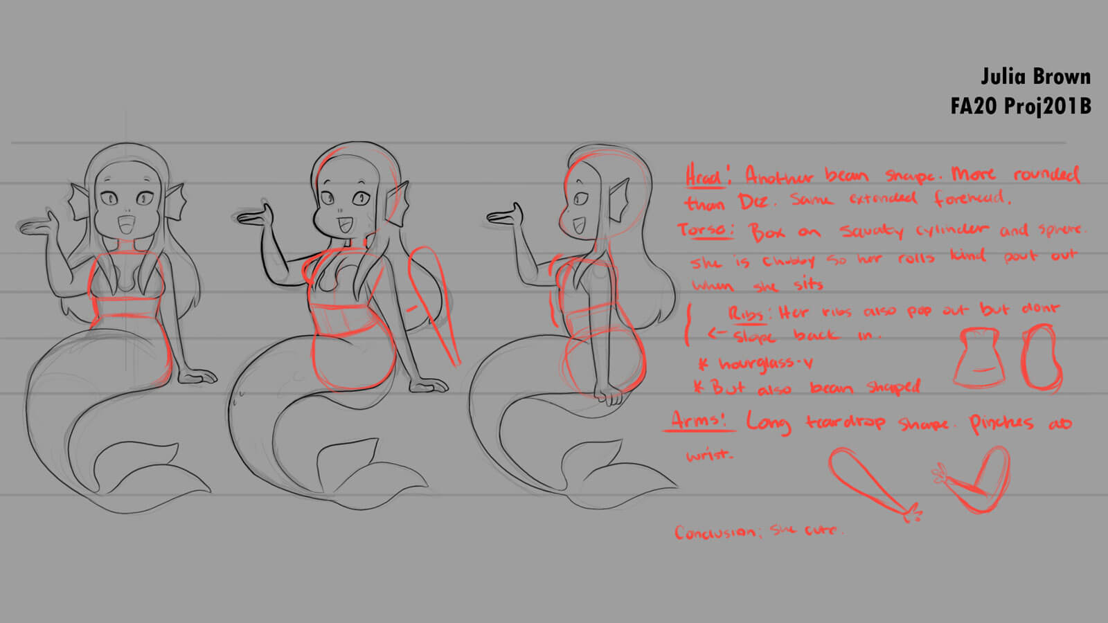 Sketches with notes for a sitting mermaid character