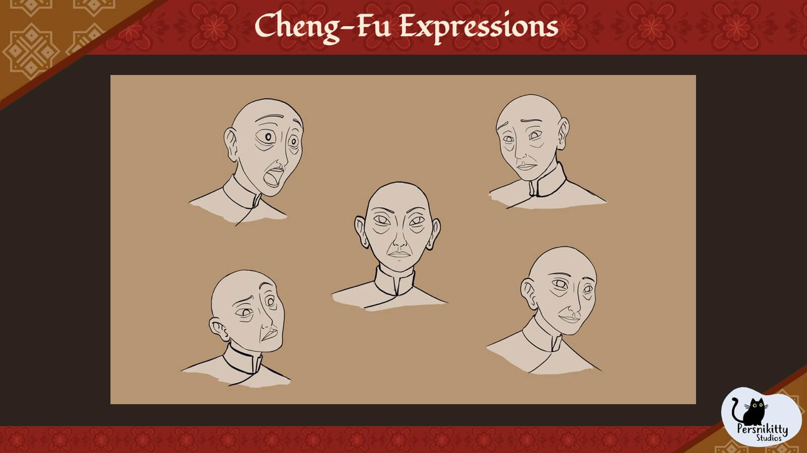 A slide displaying a variety of facial expressions for Master Cheng-Fu.