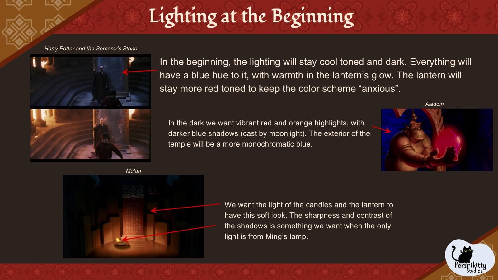 A slide displaying the visual references for lighting in the temple at the start of the film.