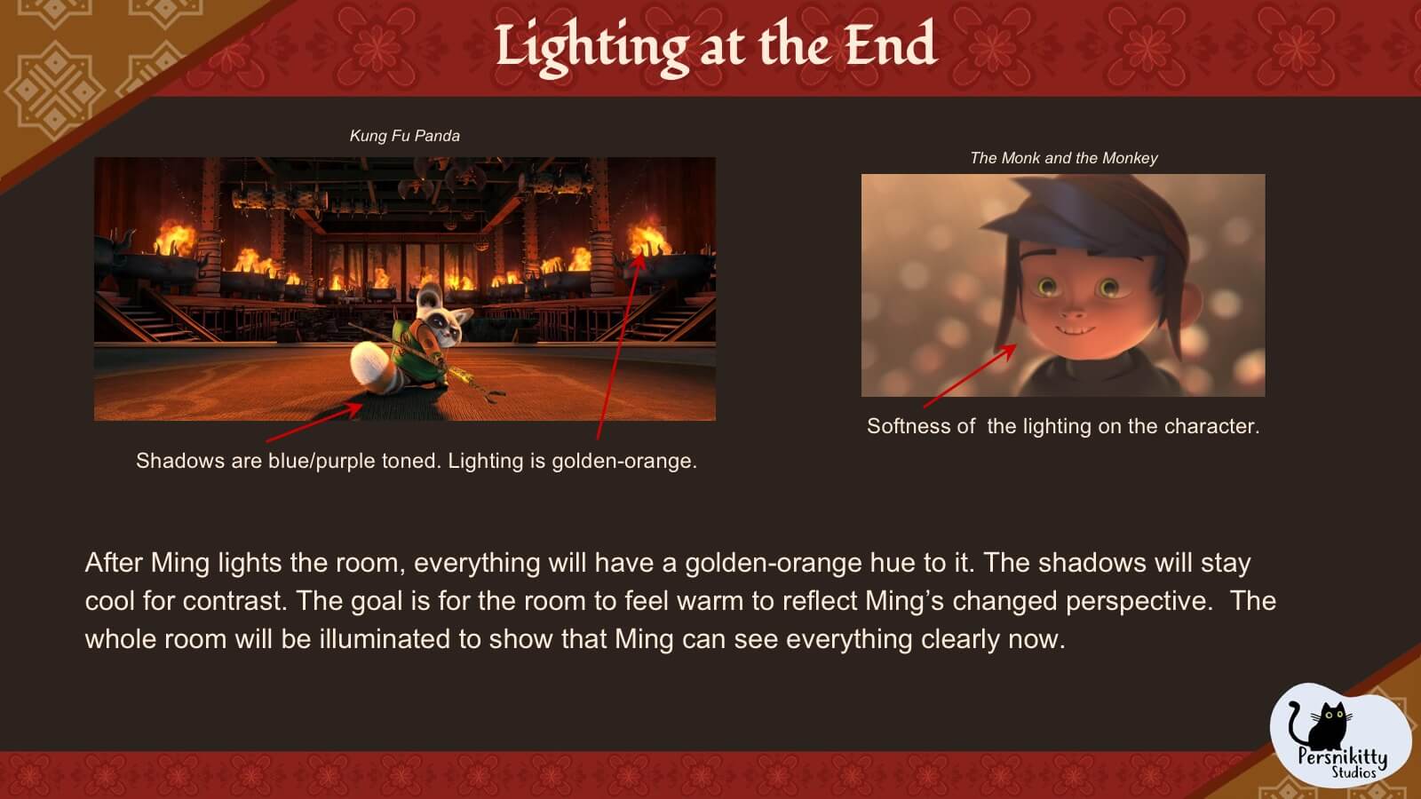 A slide displaying the visual references for lighting in the temple at the end of the film. 