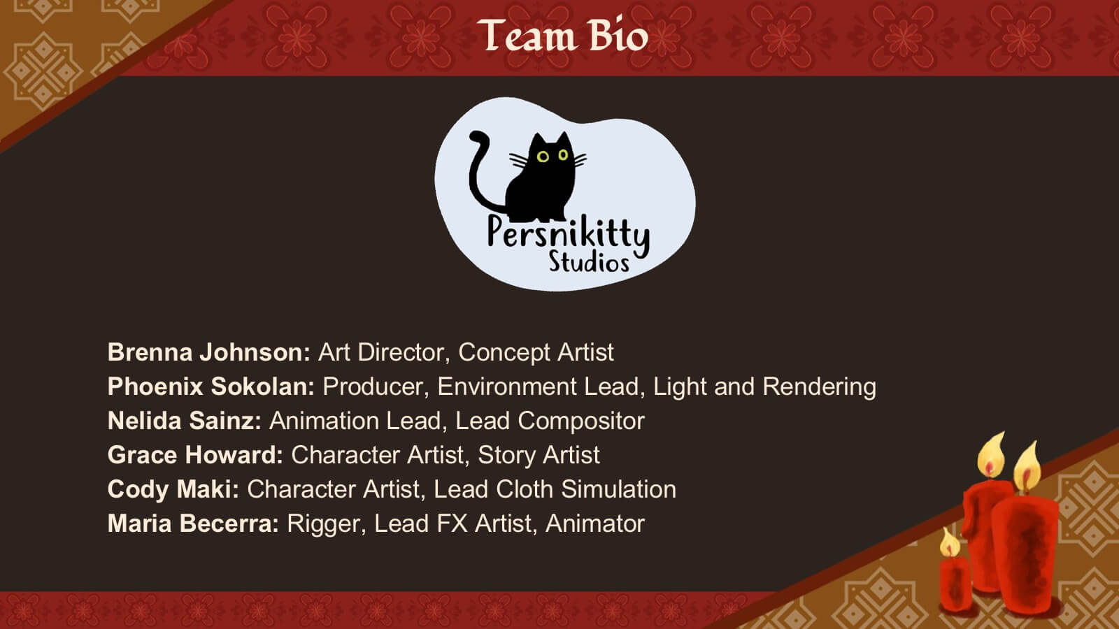 A slide displaying the names of the Pernikitty Studios team.