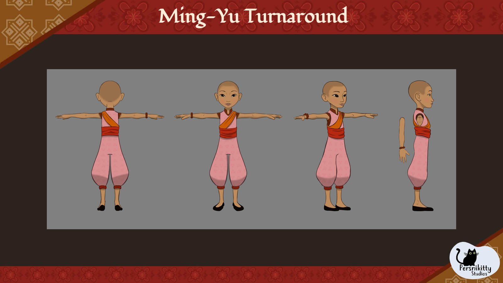 A slide with a turnaround of the character model for Ming. 