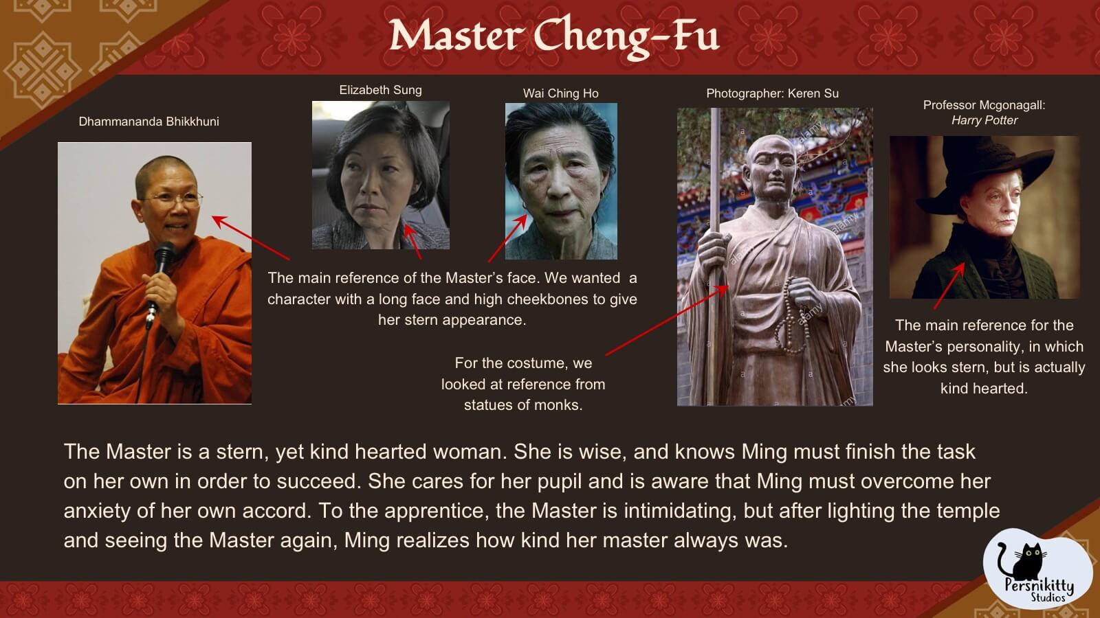 A slide outlining the visual style references for Ming's master, Cheng-Fu.