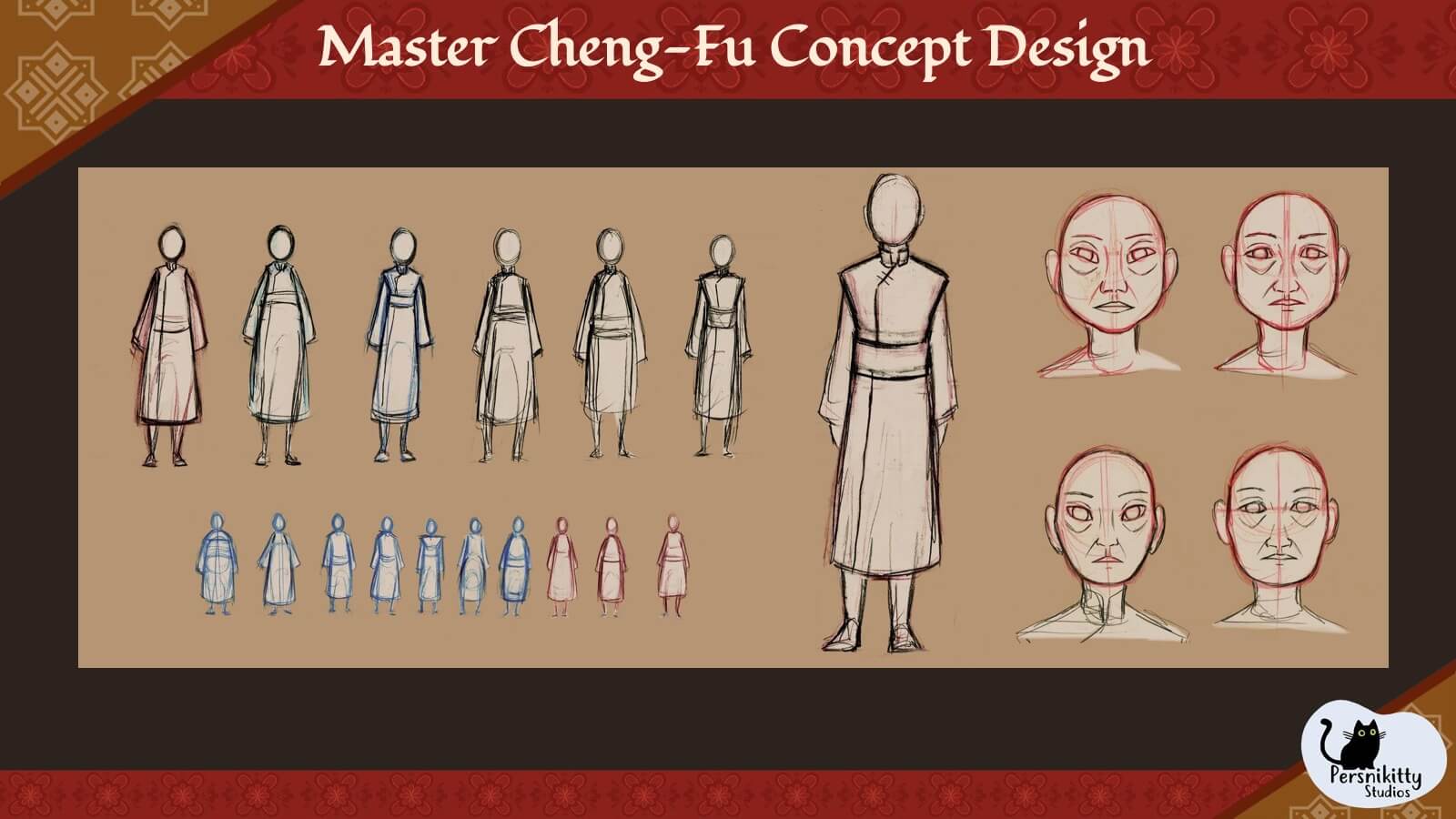 A concept design slide for the character Master Cheng-Fu.