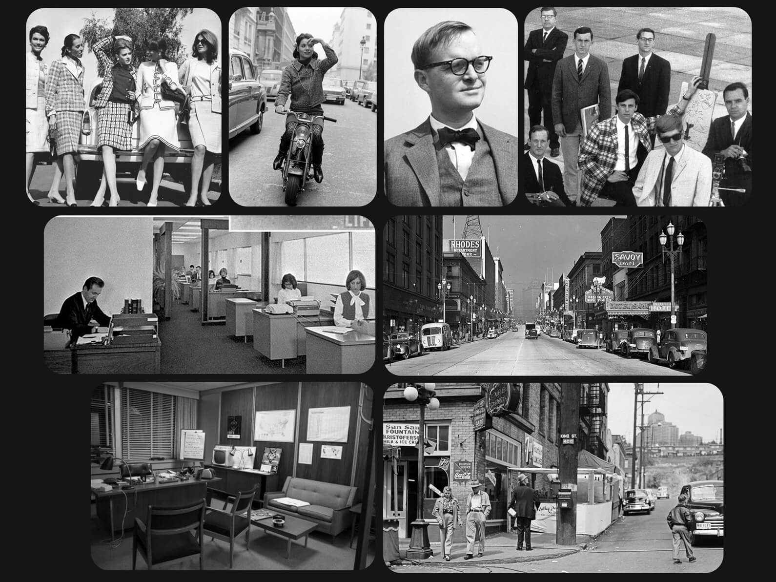 50's era black and white photographs depicting fashion and stylistic inspiration for Orientation Center for the Unseen