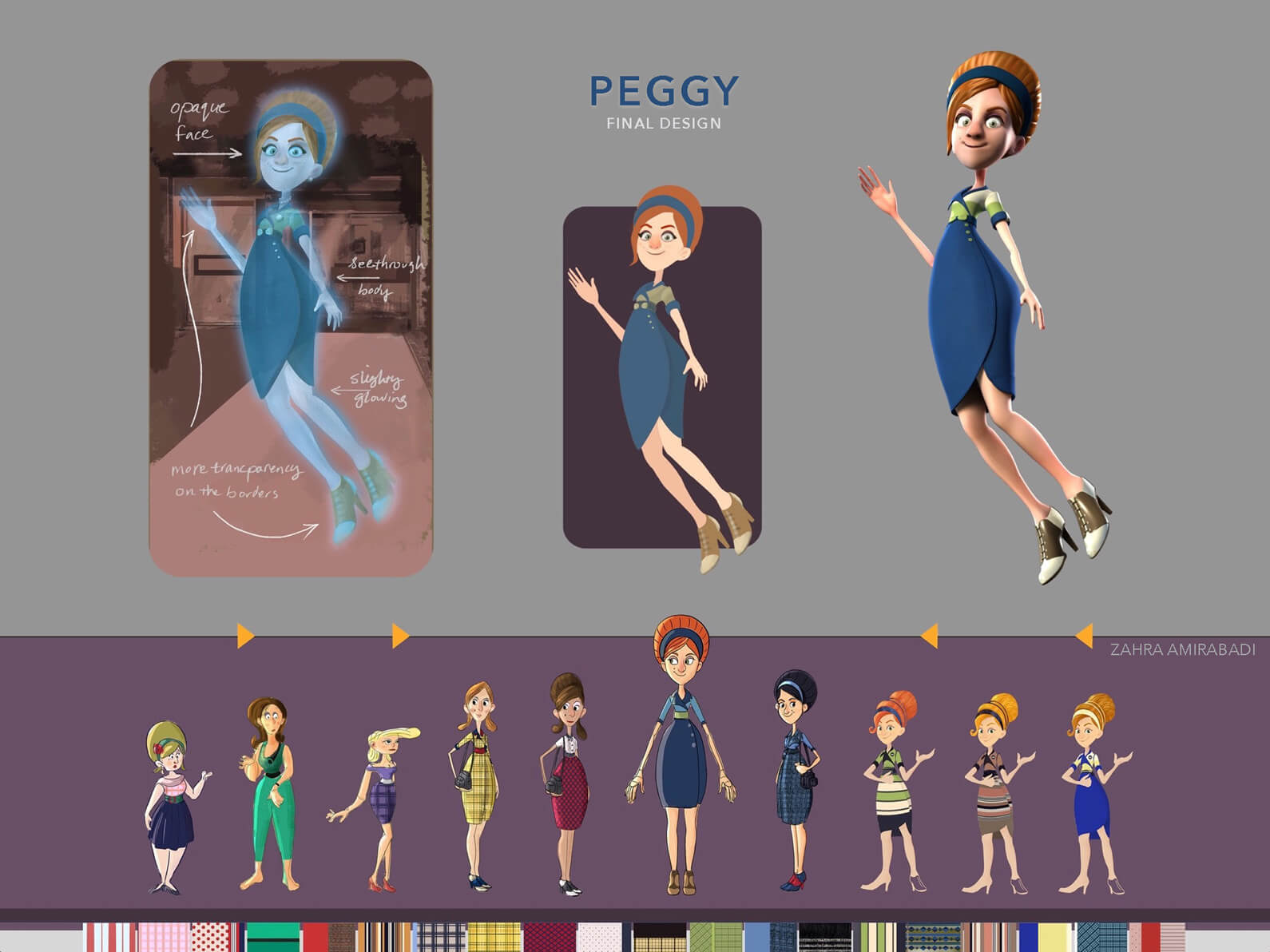 Final drawings and 3D model of Peggy in Orientation Center for the Unseen, both alive and in ghostly form