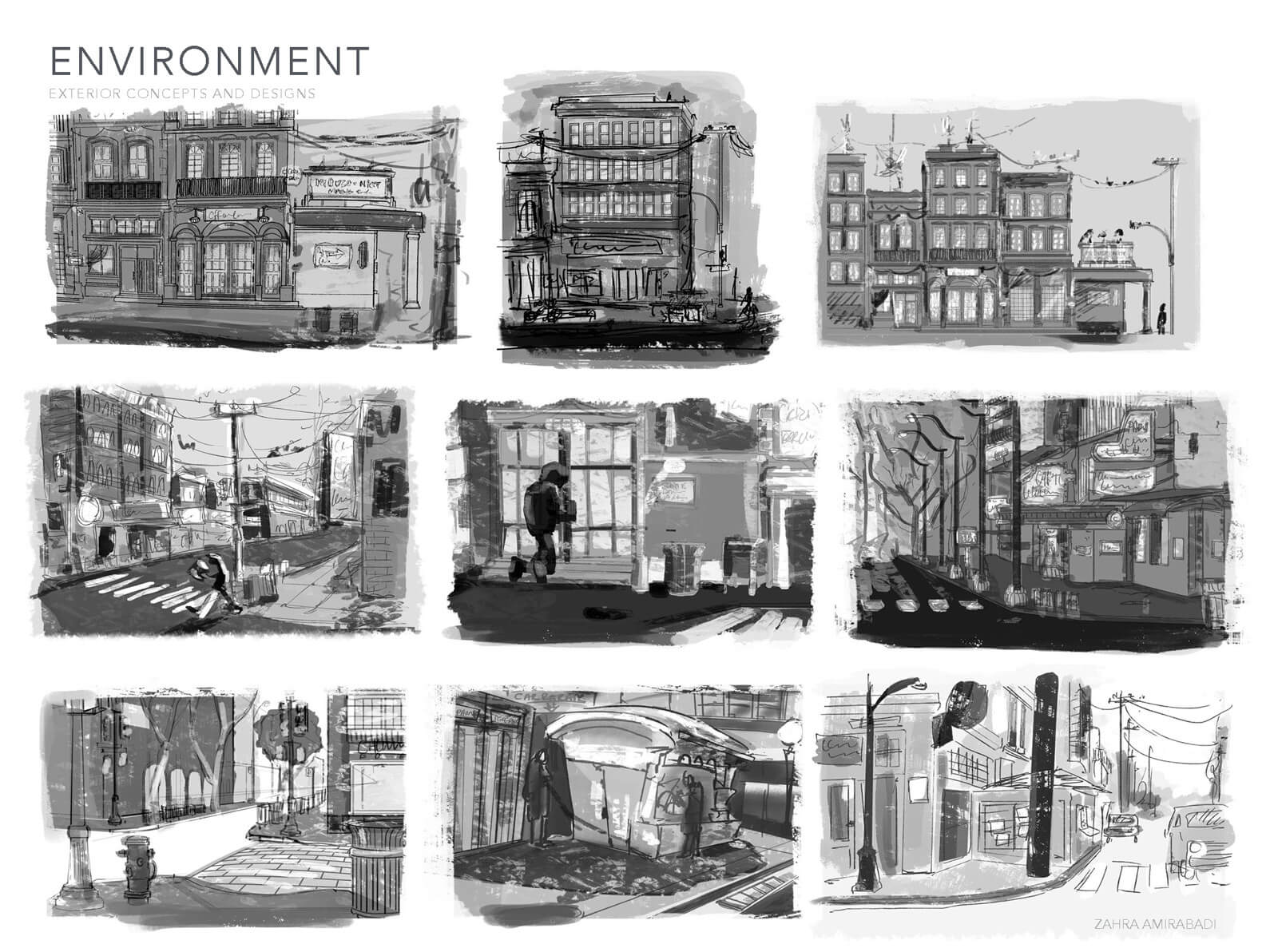 Black and white exterior concept sketches for buildings and streets in Orientation Center for the Unseen