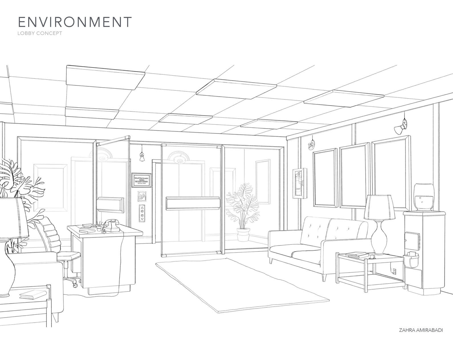 Black and white concept sketch of the Lobby environment from the short film Orientation Center for the Unseen.