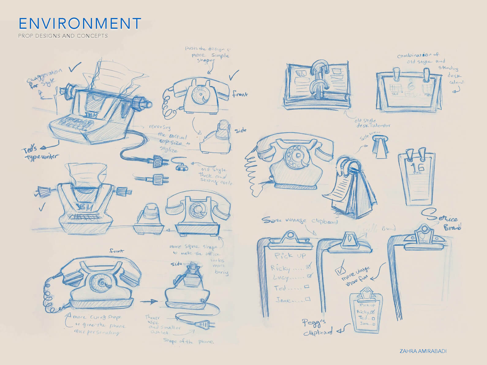 Blue line sketches of concepts for telephone, typewriter, and clipboard props for Orientation Center for the Unseen