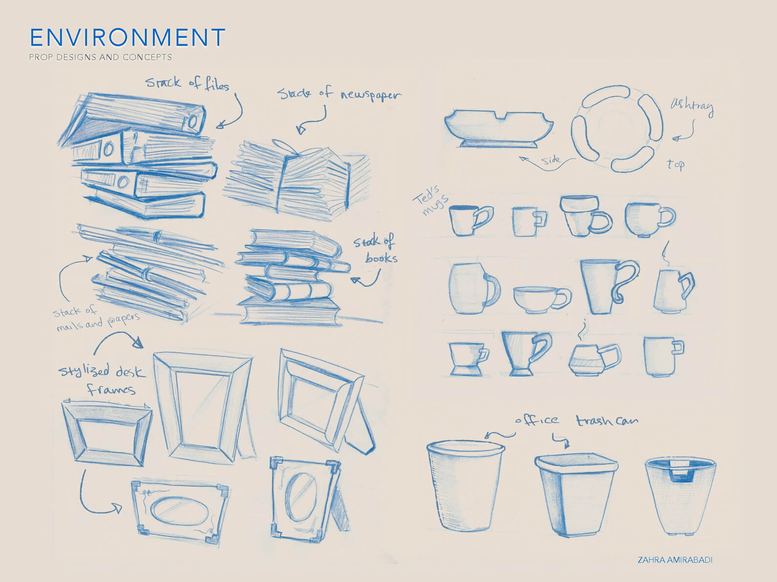 Blue line sketches of concepts for paper stack, picture frame, trash can, and cup props for Orientation Center for the Unseen