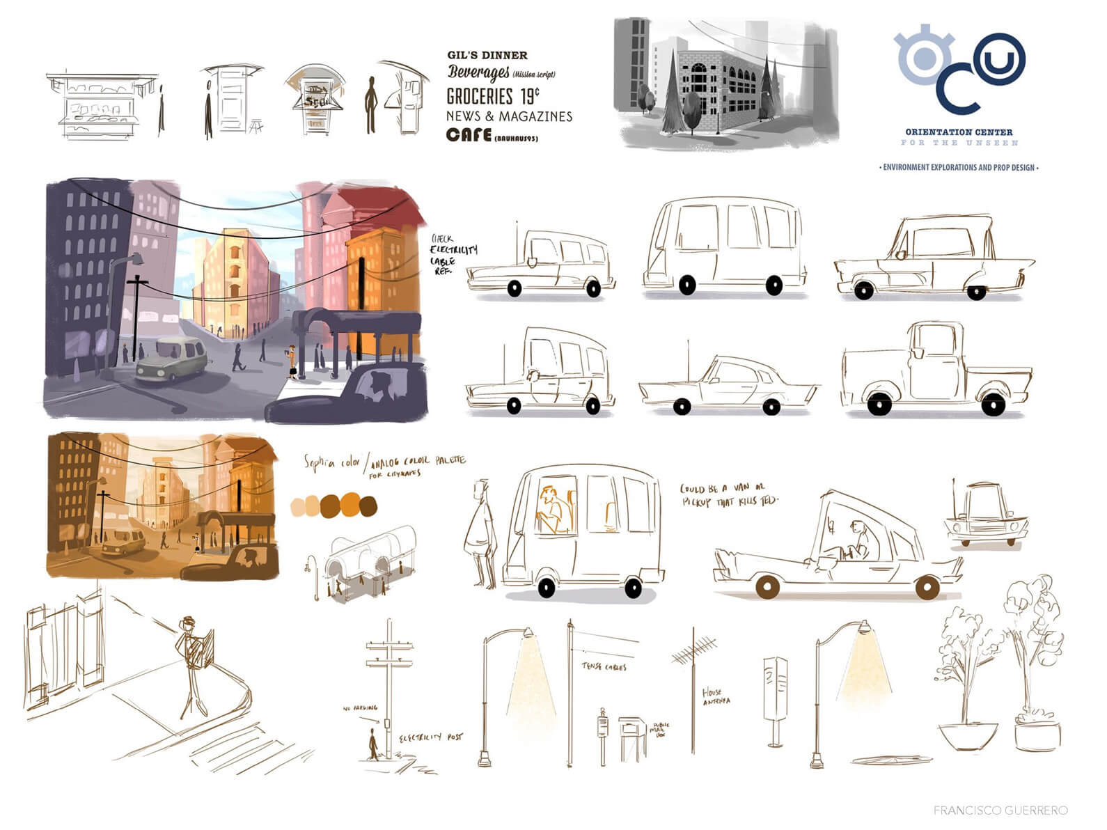 Environment and prop concept sketches for cars and street setting of Orientation Center for the Unseen