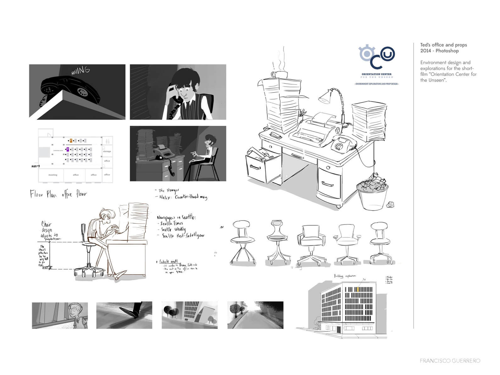 Black and white environment design and exploration for office setting in Orientation Center for the Unseen