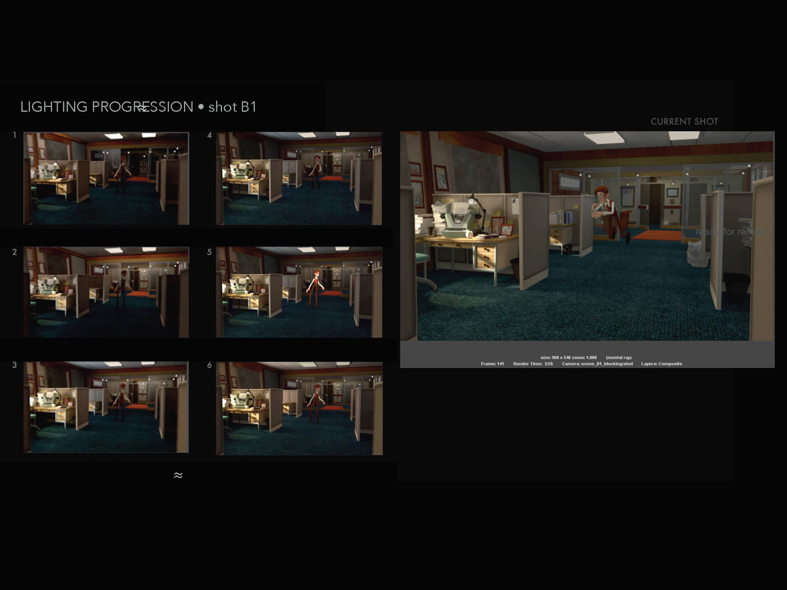 Lighting progression process for a single shot of a man floating in an office setting in Orientation Center for the Unseen