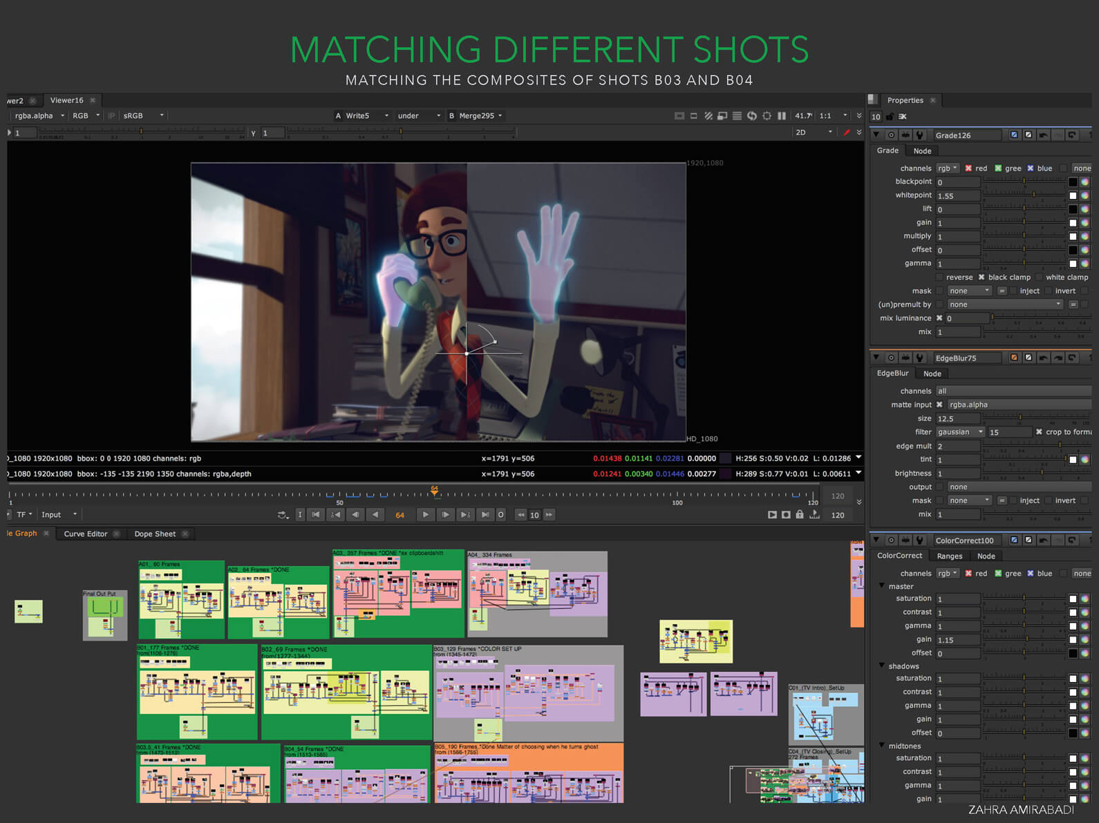Screenshot depicting animation program UI during the matching process of two different composited shots