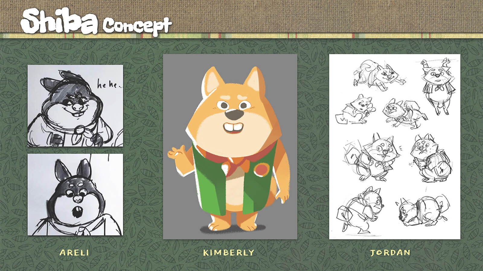 Concept art and sketches of the character Shiba.
