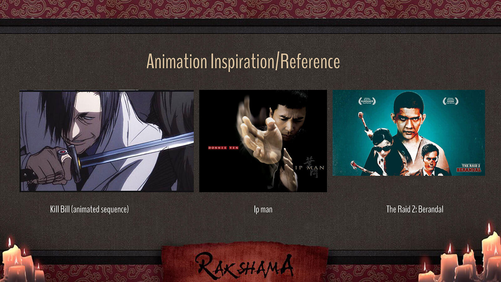 Animation Inspiration slide for the film Rakshama, including images of Kill Bill, Ip Man, and The Raid 2