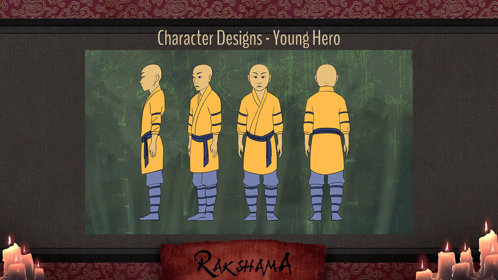 Character Design slide for the film Rakshama, depicting the Young Hero character, a warrior in a yellow and blue clothing