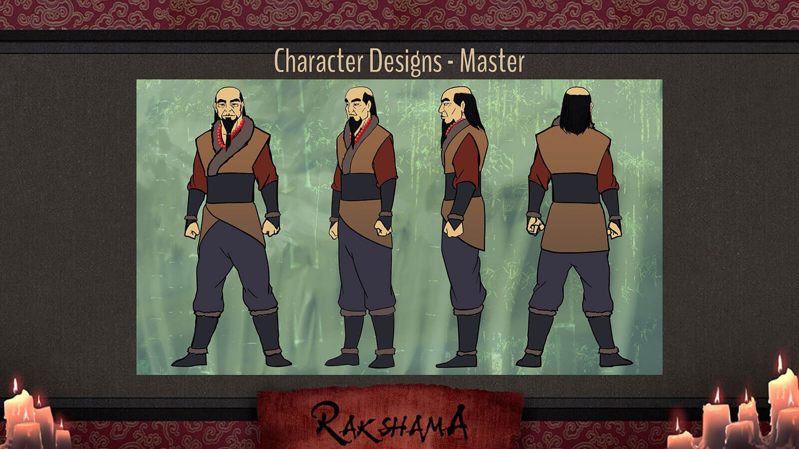 Character Design slide for the film Rakshama, depicting the Master character, a warrior in a brown, blue, and red clothing