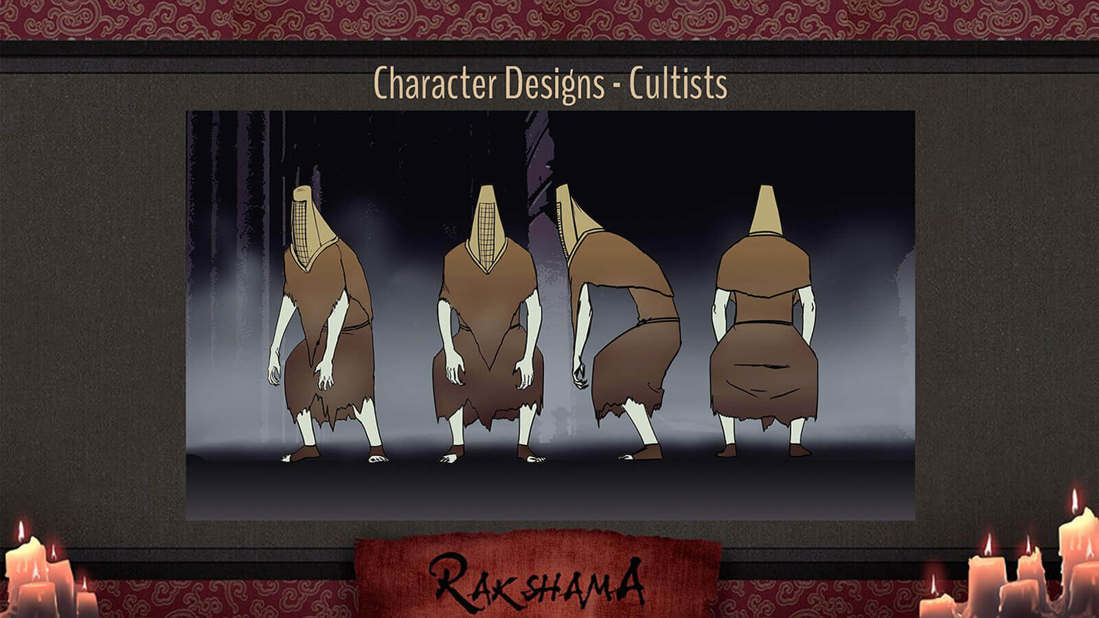 Character Design slide for the film Rakshama, depicting cultist characters, pale figures in brown rags and a wicker helmets