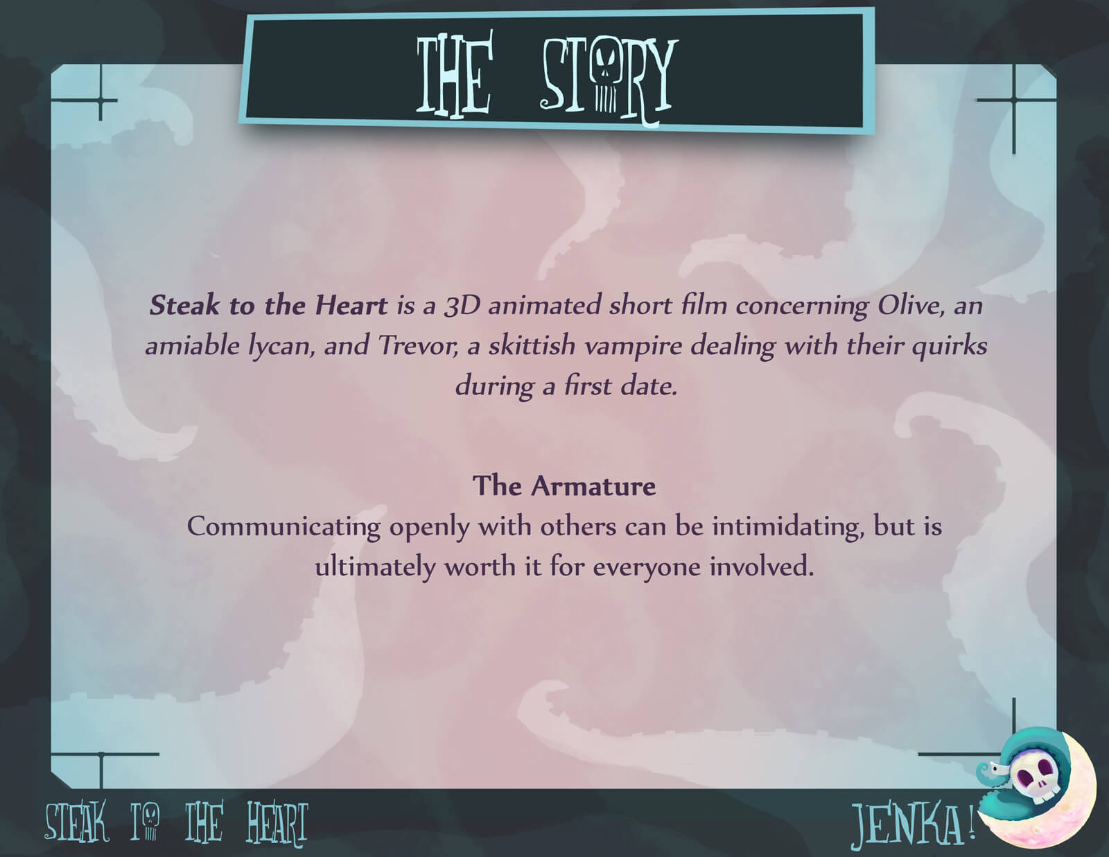 Story slide for the film Steak to the Heart, describing the plot and overall message of the action