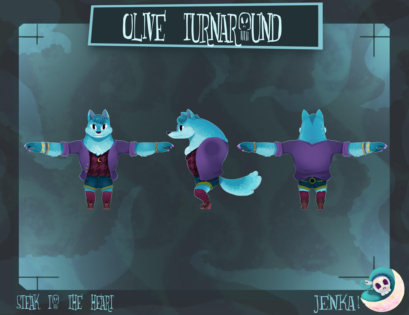 Three final designs of a blue werewolf from the film Steak to the Heart from the front, side, and back