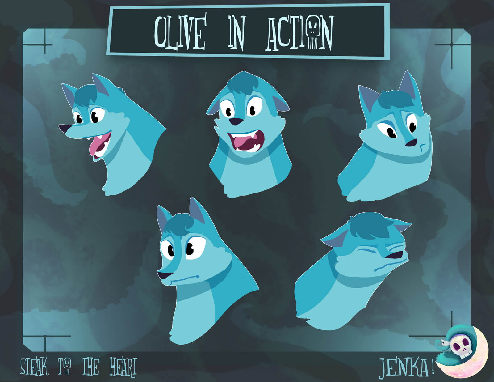 Facial expressions of a blue werewolf, including excited, shocked, disappointed, and confused