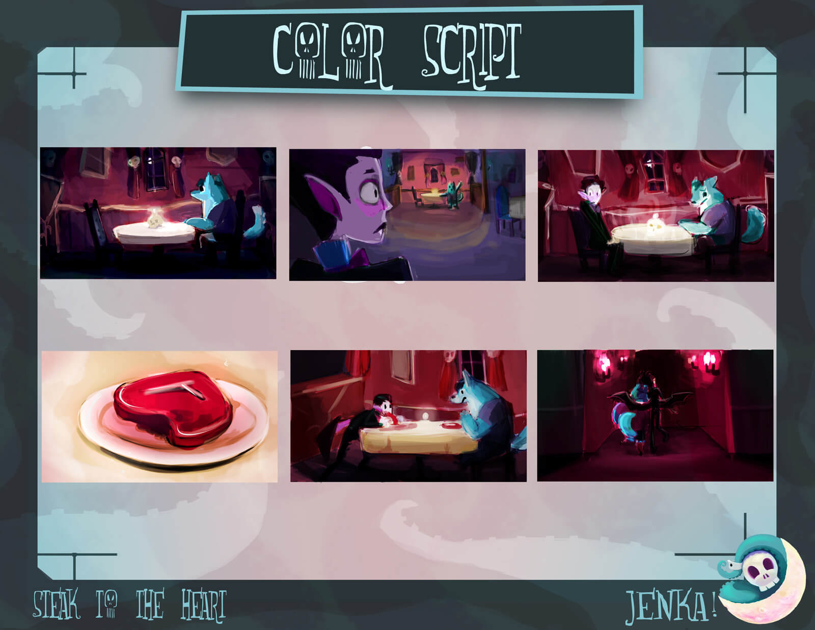 Color Script for the film Steak to the Heart, depicting the story in 6 frames, from beginning to end