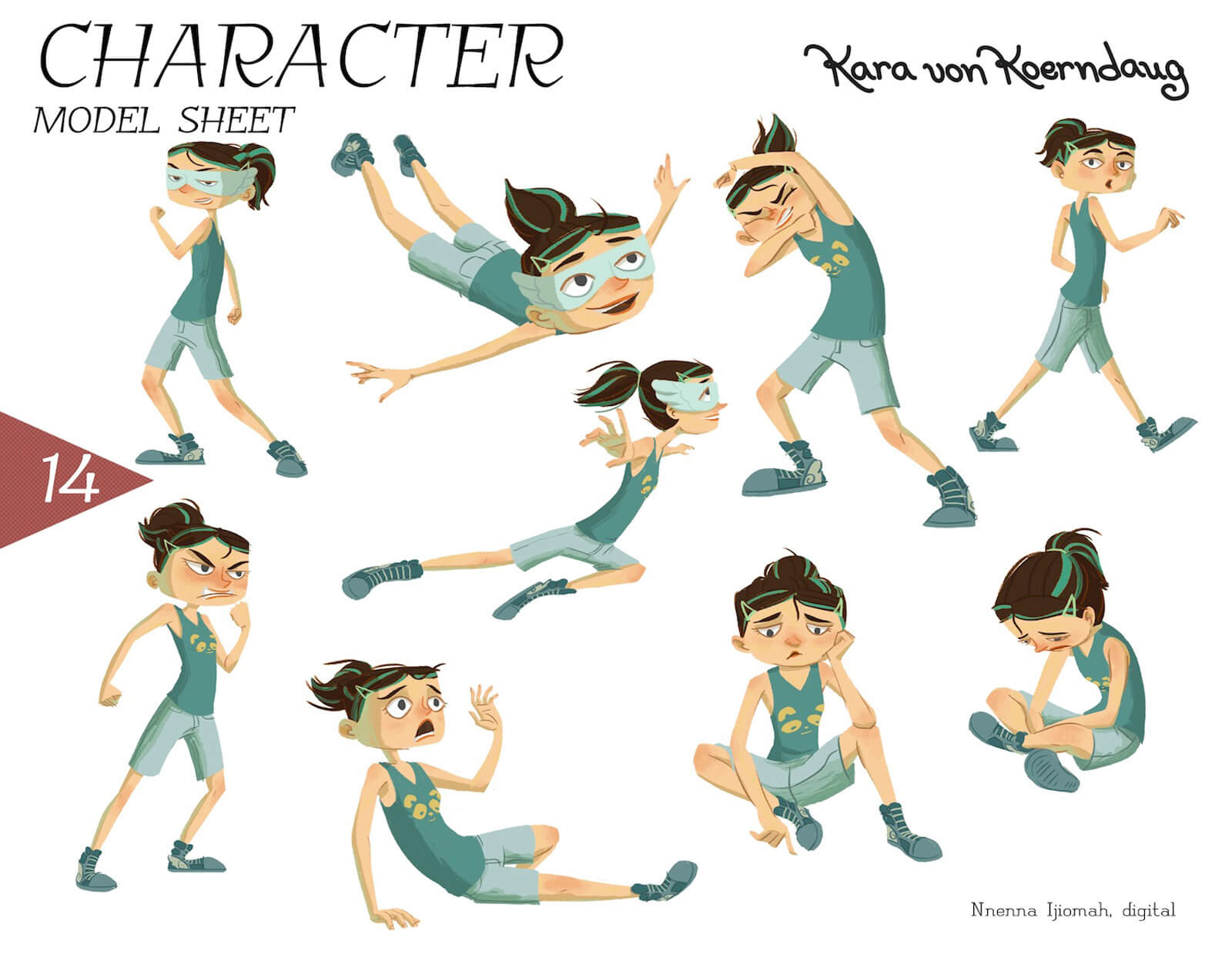 Model sheet for the character of Kara von Koerndaug, including actions like flying, walking, sitting, anger, and others