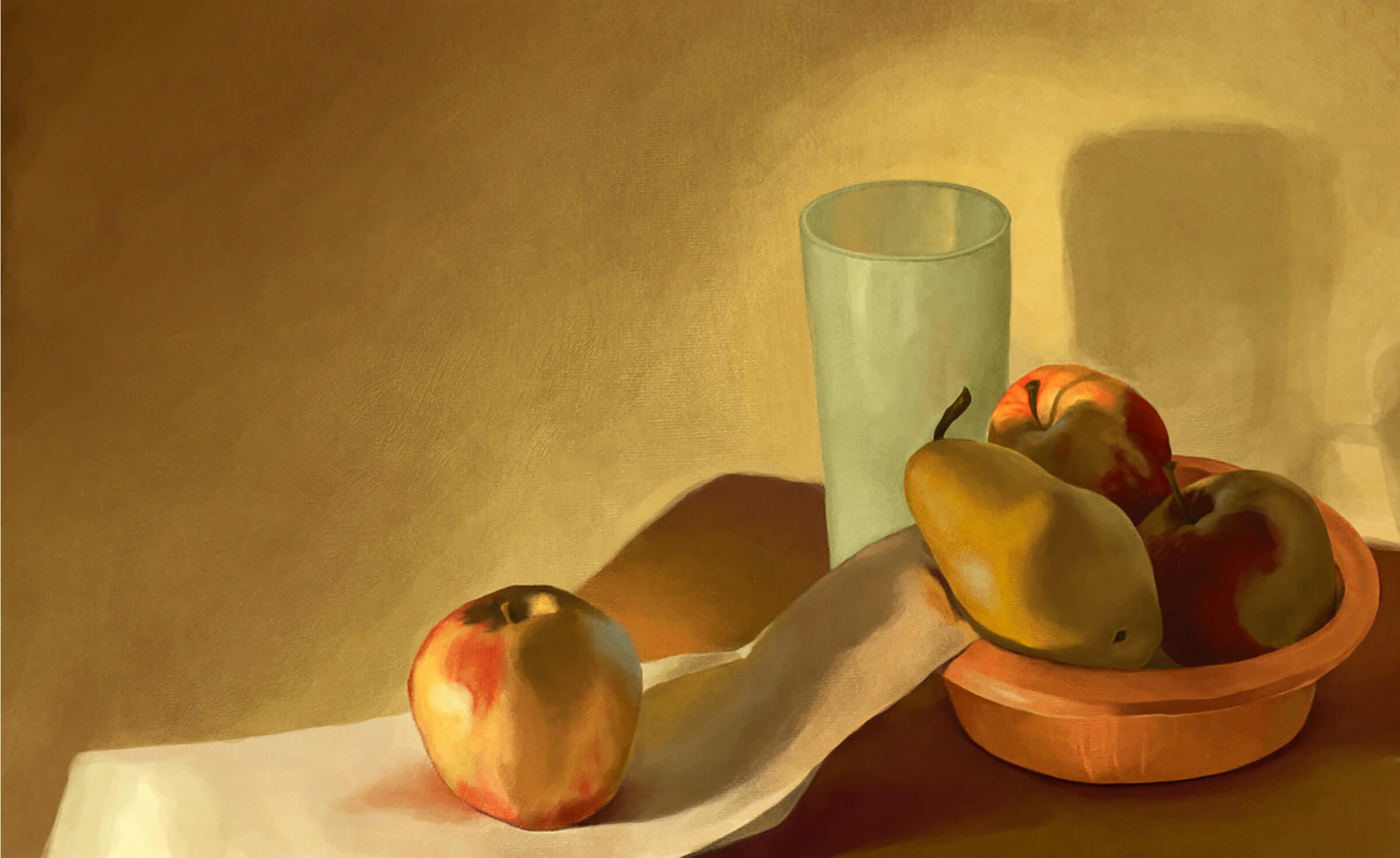 still-life traditional painting of bowl with apples and a pear, a glass, and another apple on a draped white napkin