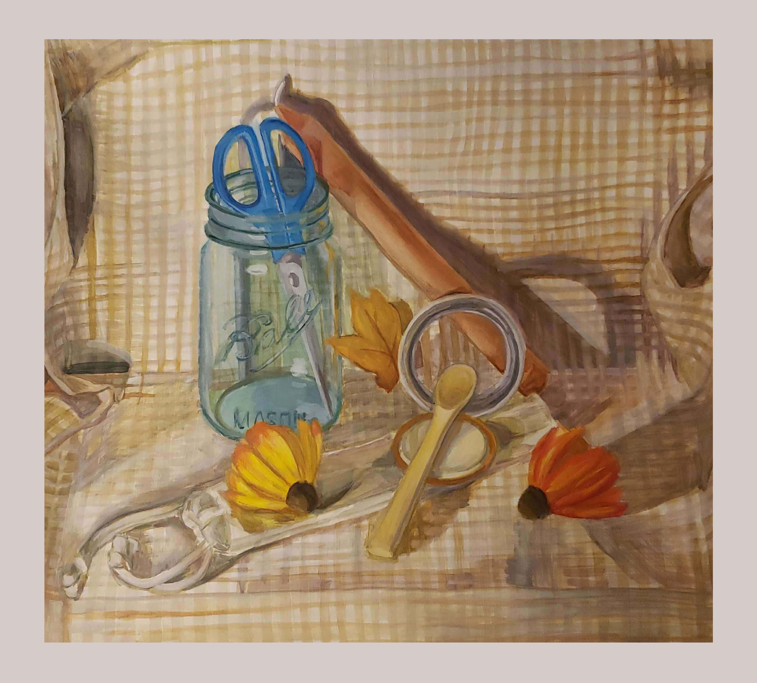 Painting of props including flowers, a candle, and a glass jar.