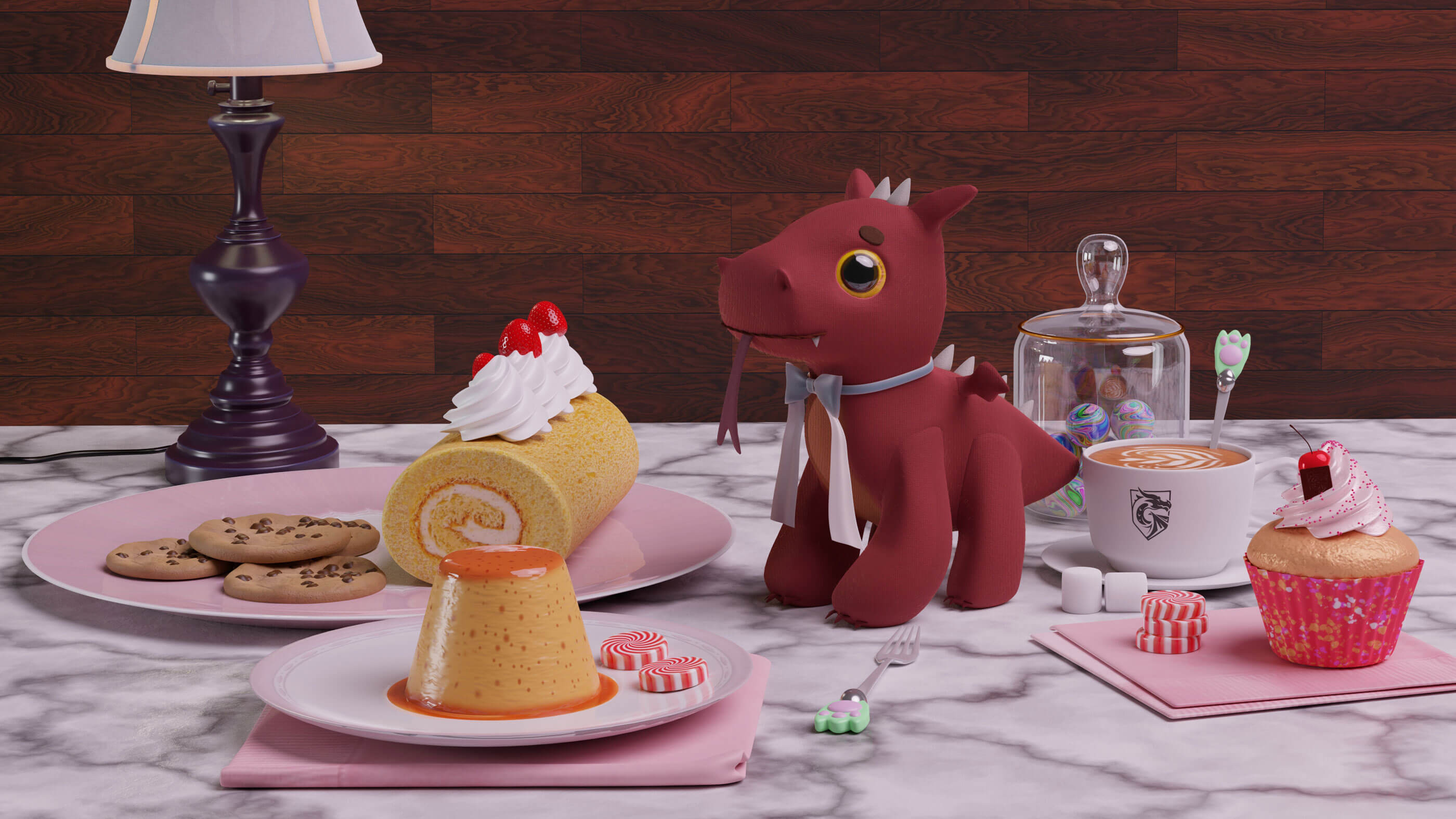 A table with a plush dragon, cookies, candy, and other sweets.