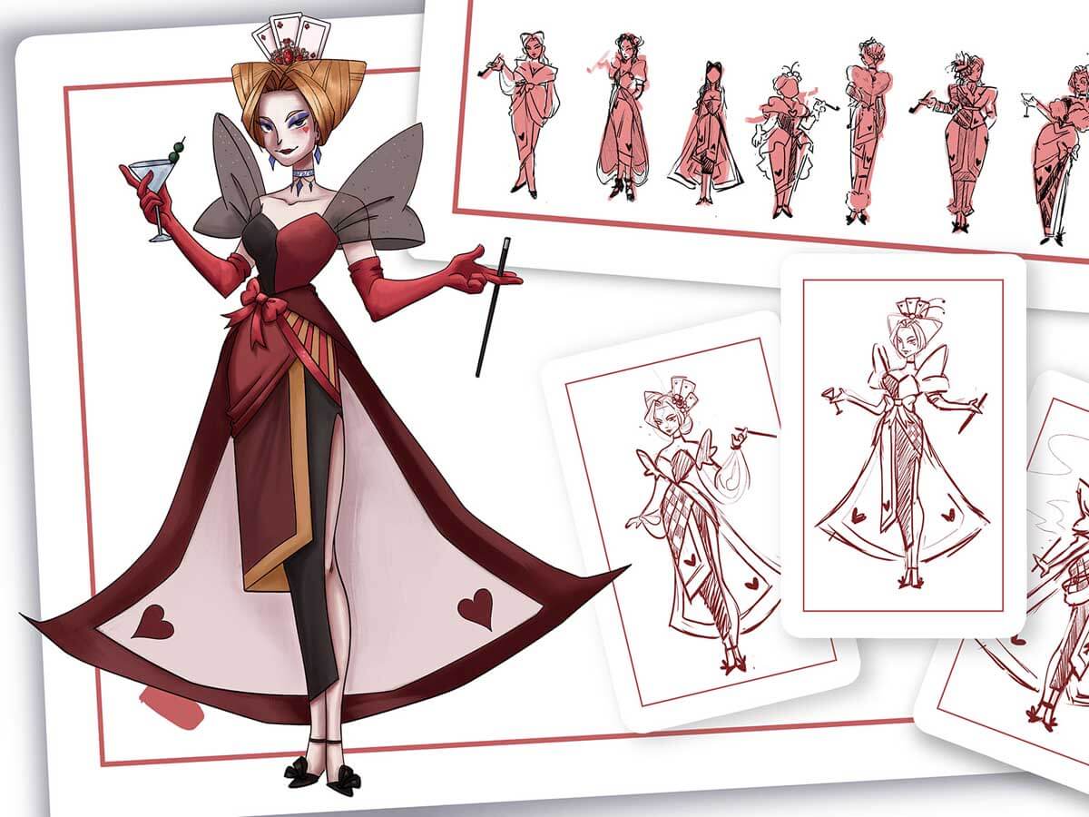 A character concept of a woman with a queen of hearts card theme.