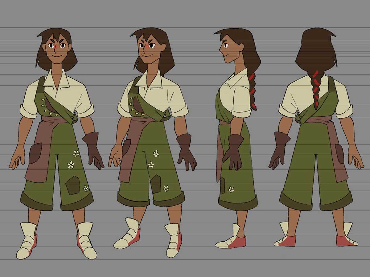 Character concept of a young woman wearing overalls and a glove.