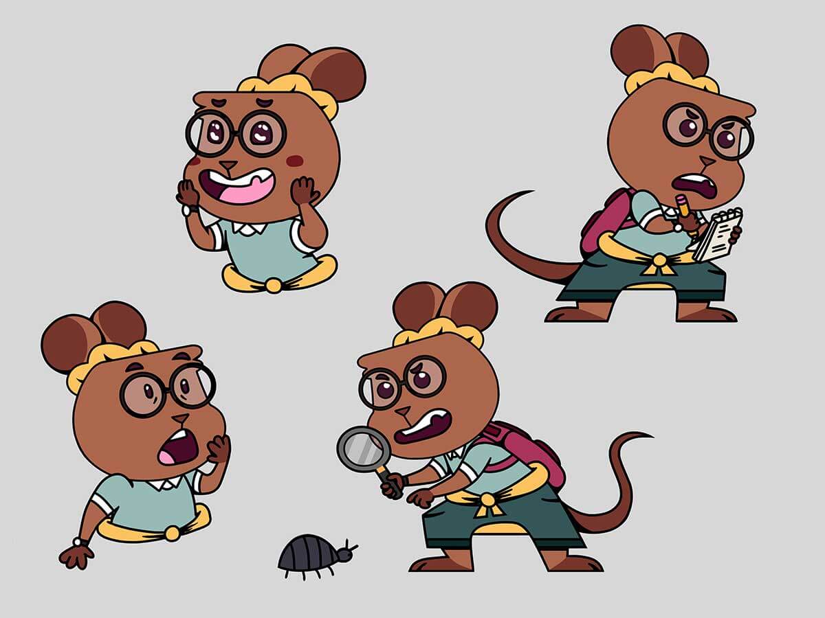 A character sheet concept of a detective mouse character.