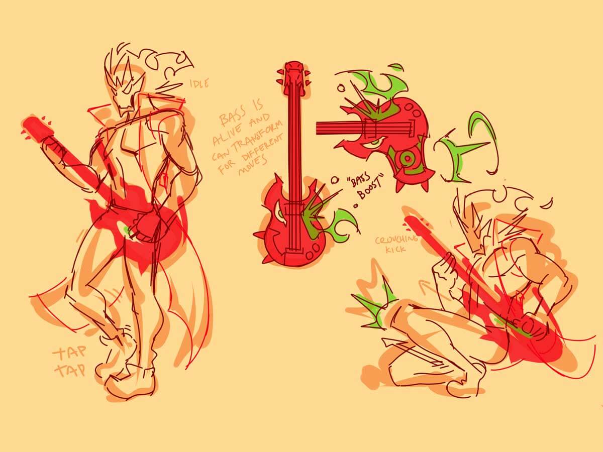 Sketches of a man with a flaming head playing a guitar.
