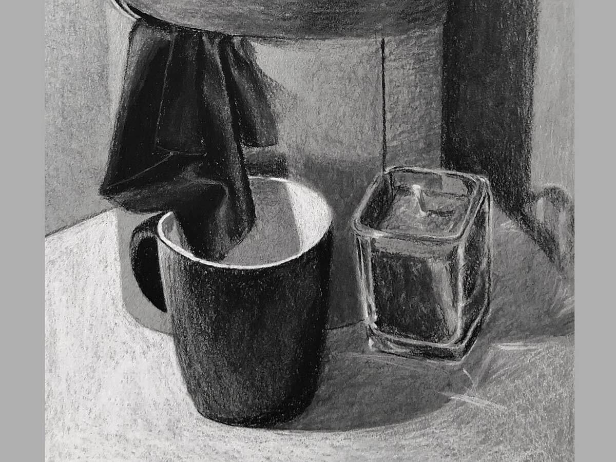 Sketch of a mug, drinking glass, bucket, and cloth.