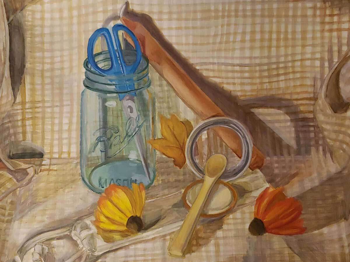 Painting of props including flowers, a candle, and a glass jar.