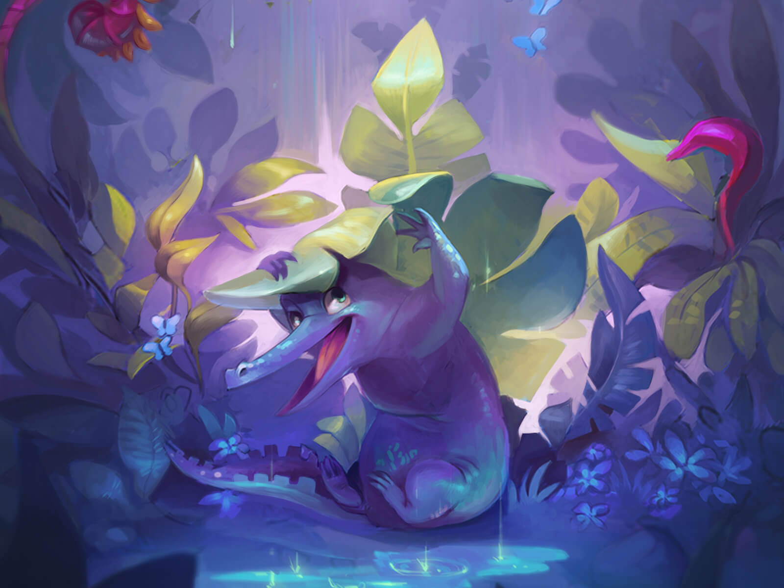 digital painting of a happy purple alligator hiding playfully under a large leaf while a bird flies overhead