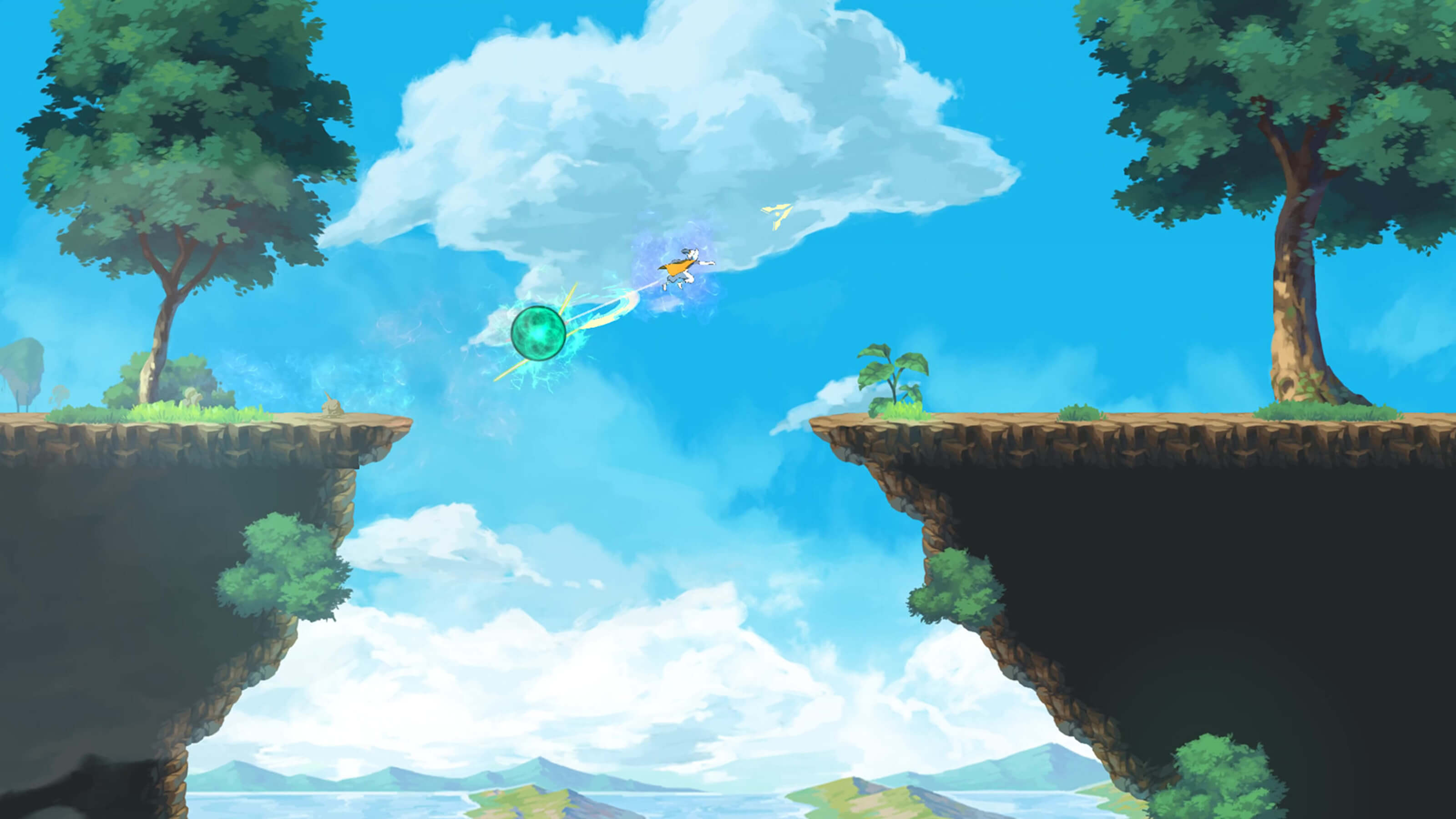 A character leaps over a chasm in the sky