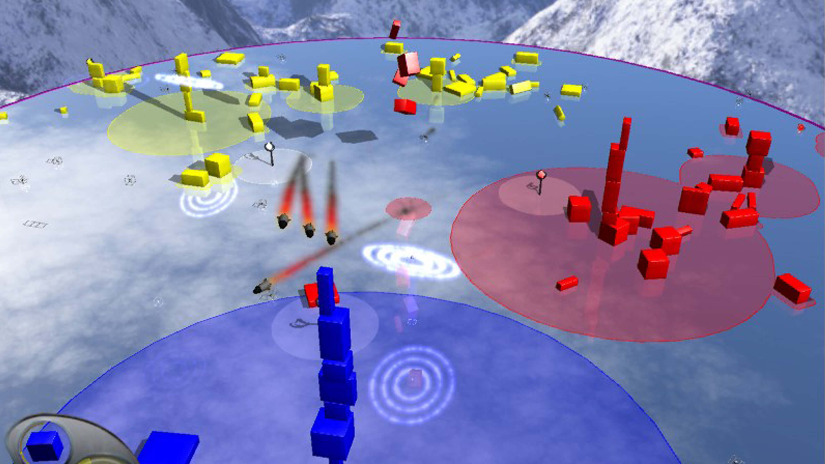 Missiles fly towards a blue stack of shapes as a red and yellow stack grows in the distance. 