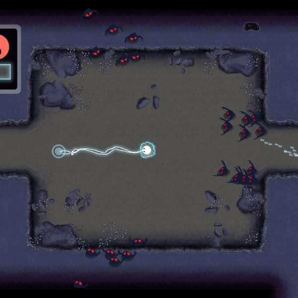A white orb character surrounded by approaching enemies