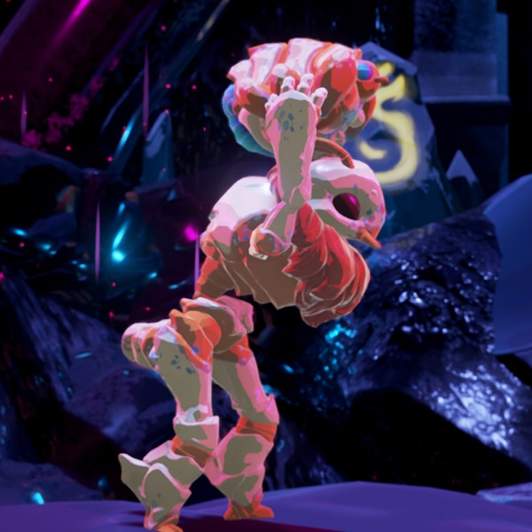 The game's white, ant-like alien hero holds its mite sidekick above its head.