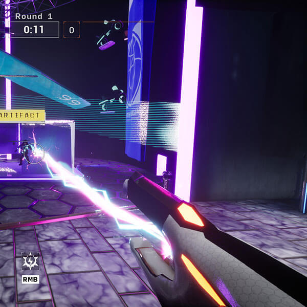 Futuristic weapon shoots lightning at enemy inside building