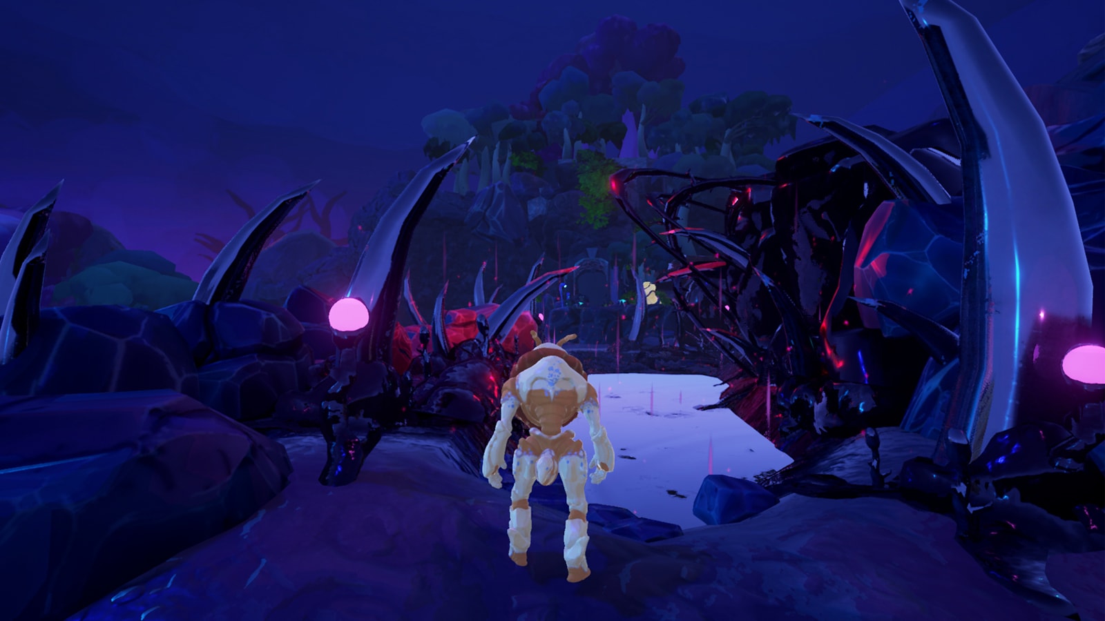 The game's alien hero stands amid a strange rock landscape with shiny, spiked growths emerging out of it.