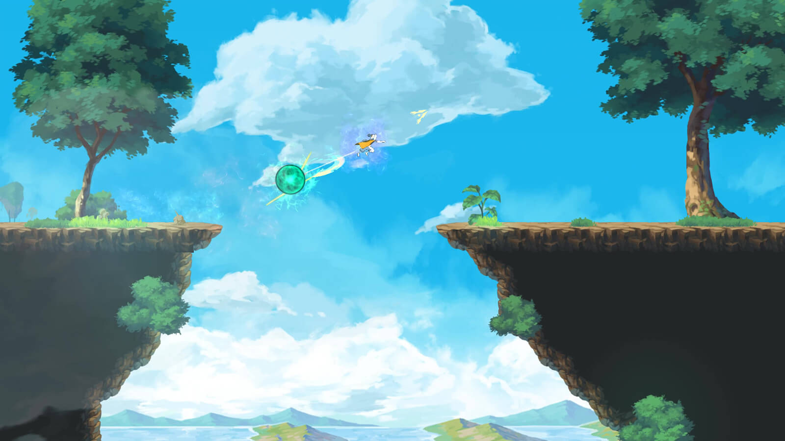 Character leaps over a chasm in the sky