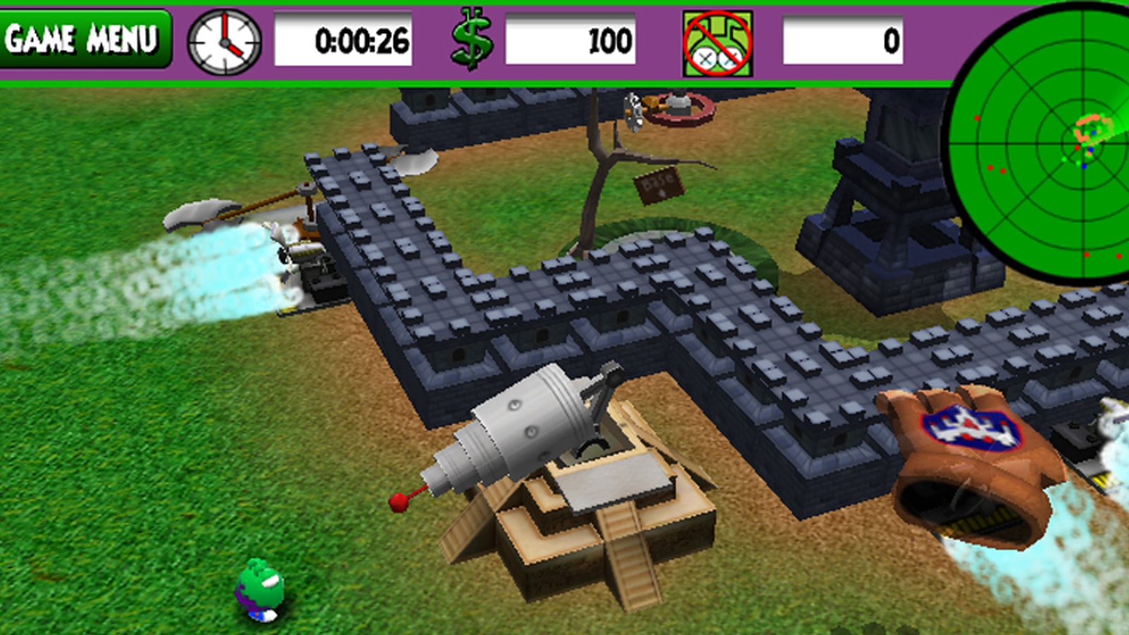 A ray gun atop a ziggurat points at a green invader, a spinning axe device in the background.