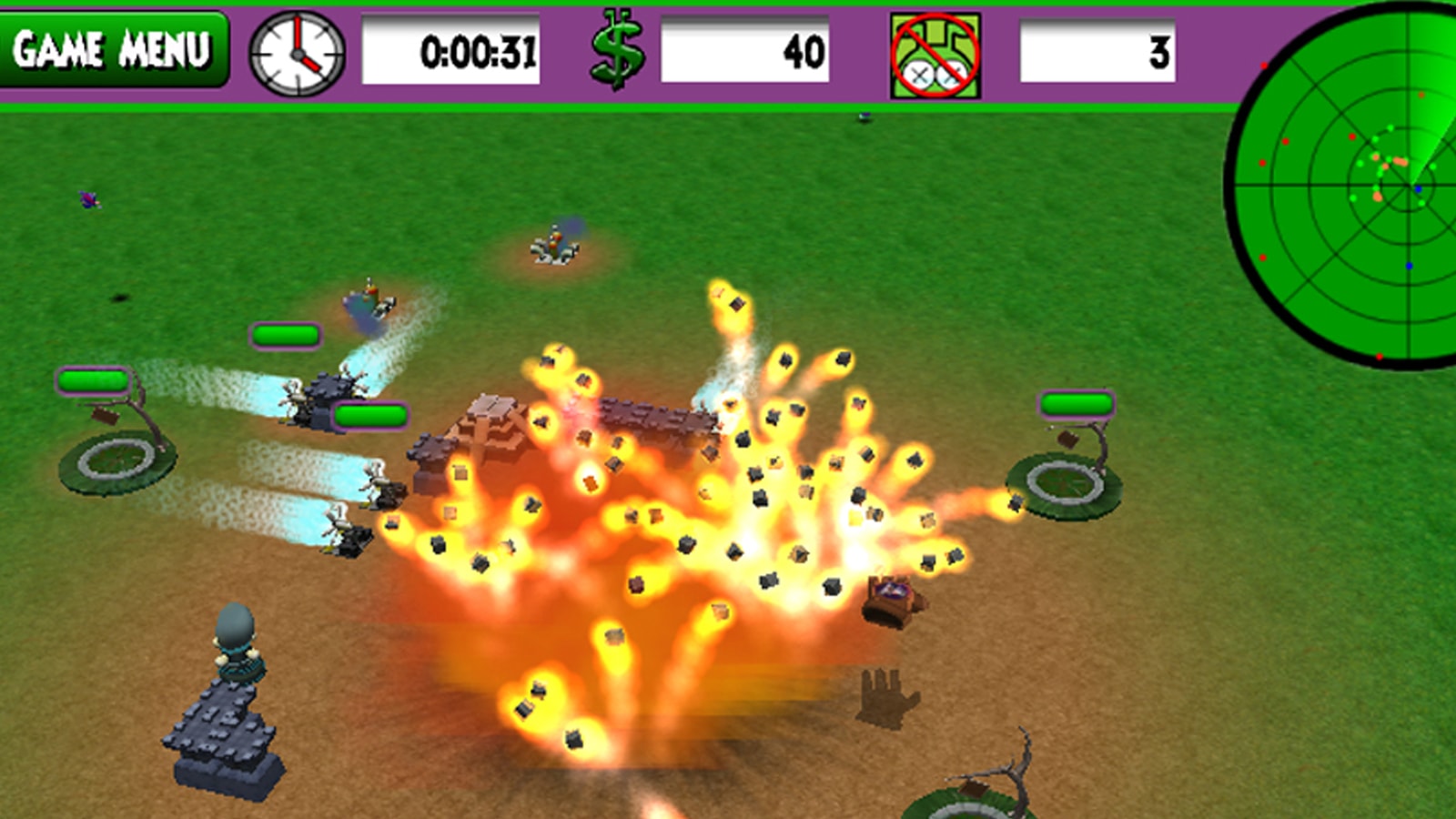 An explosion erupts in the middle of the green battlefield. 